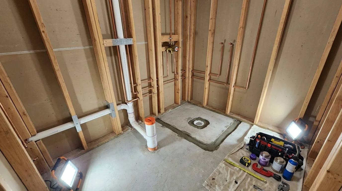 Bathroom rough-in plumbing during remodel by Johns Plumbing LLC in Davidsville