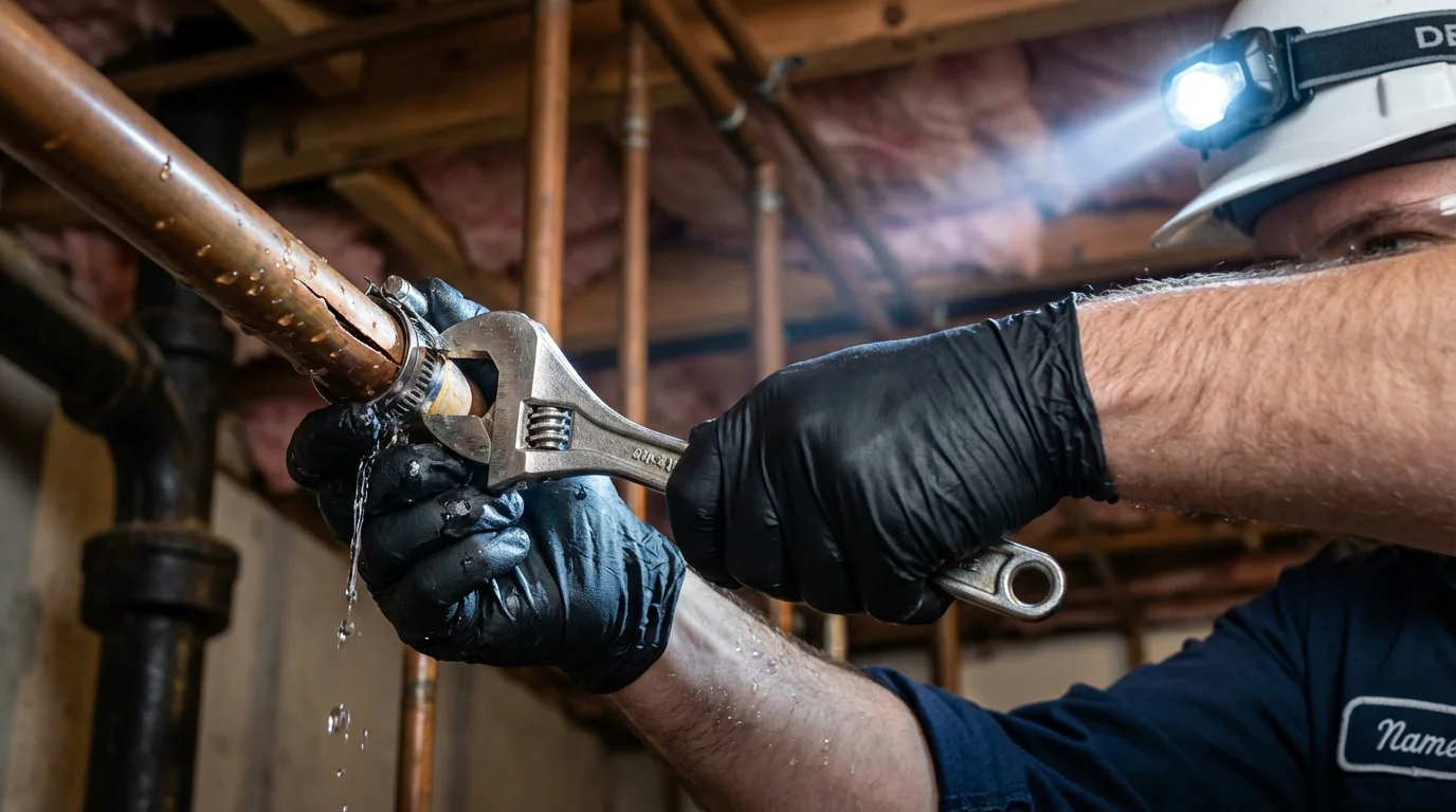 Emergency pipe clamp repair being performed by a Johns Plumbing LLC plumber in Davidsville
