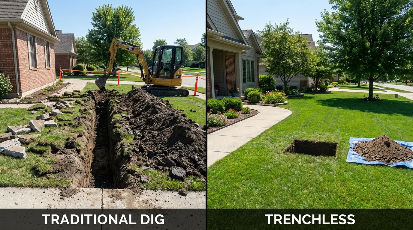 Trenchless sewer repair with minimal yard damage versus traditional excavation in Davidsville, PA